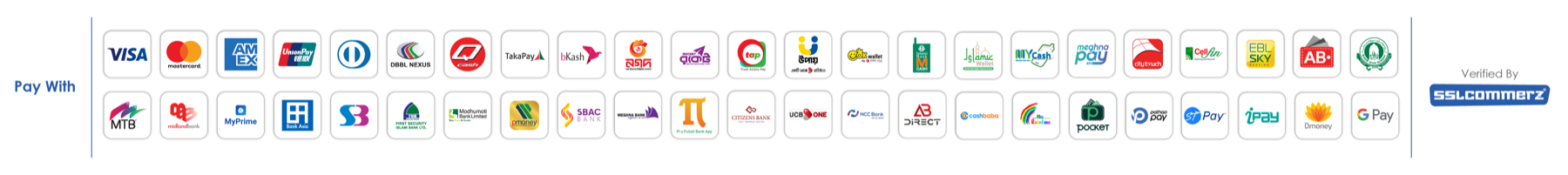 Pay with Visa, Mastercard, American Express, bKash, Nagad, Rocket and other cards, mobile banking and internet banking — verified by SSLCOMMERZ